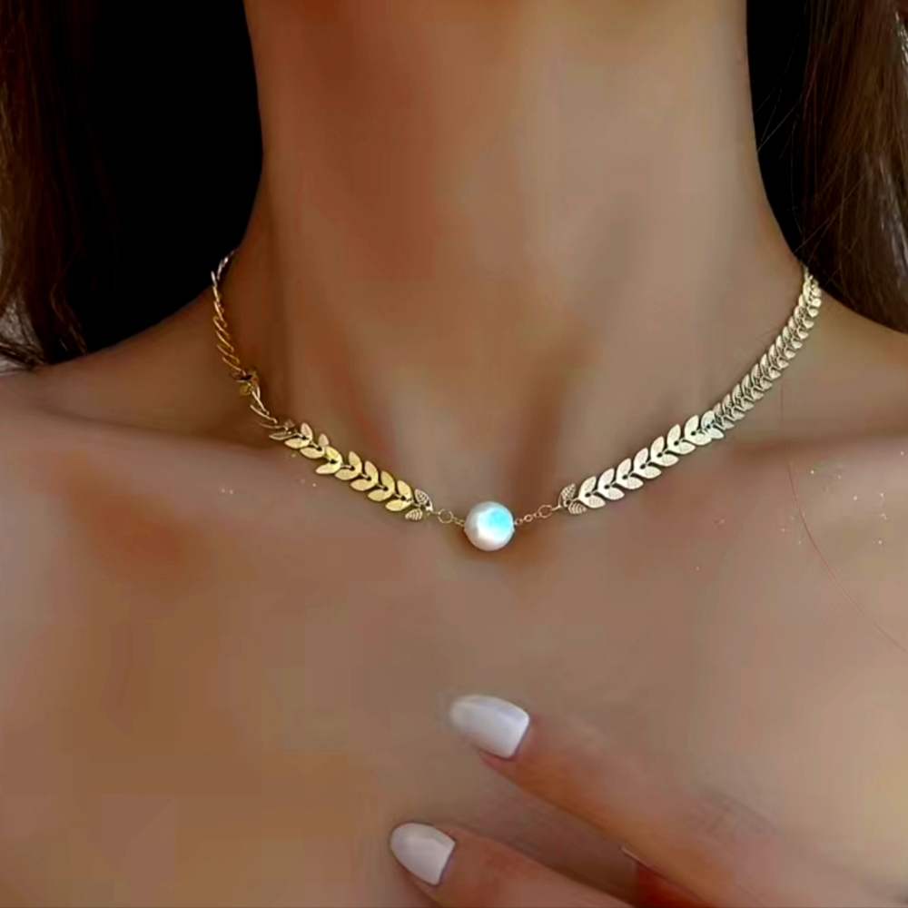 Gypsum Gems 😍 Minimalist Gold Fishbone Pearl Choker Necklace